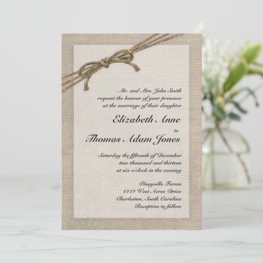 素朴な麻ひもの弓およびバーラップの結婚式招待状 招待状 (スタンド正面)