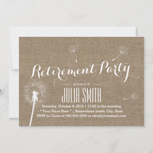 素朴な麻布の蒲公英が吹く引退パーティー 招待状 (正面)