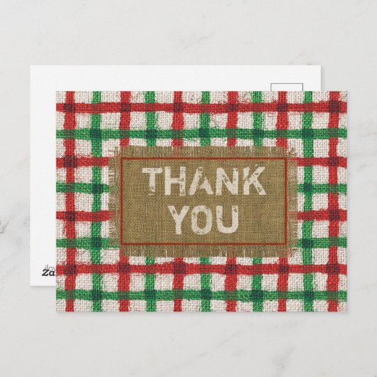 素朴な麻布の赤と緑の格子柄 ホリデー感謝カード ポストカード (正面/裏面)