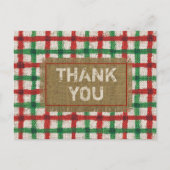 素朴な麻布の赤緑格子柄 ホリデー感謝カード ポストカード (正面)