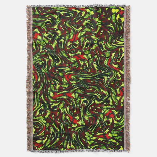 素朴な黄緑色と鮮やかな赤の曲線 スローブランケット (正面縦)
