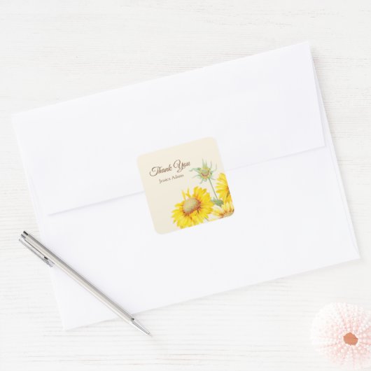 素朴な黄色のひまわり水彩ステッカー スクエアシール (封筒)