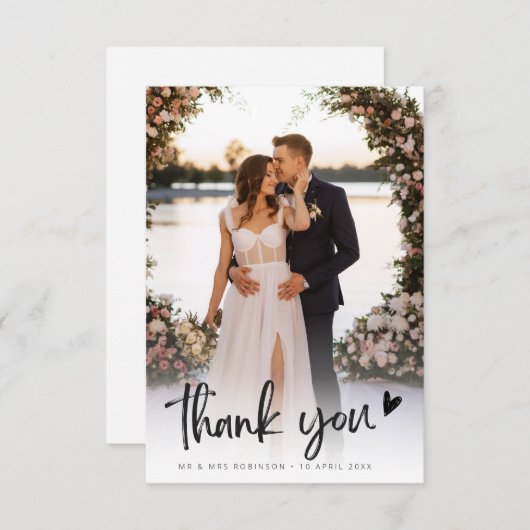 素朴な黒文字ハートnewlyweds結婚の写真 サンキューカード (正面/裏面)