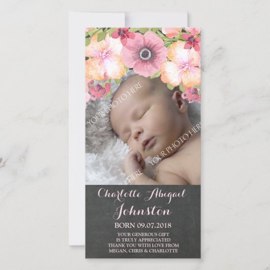 素朴な黒板のピンクの花はシャワー感謝していしています サンキューカード (正面)