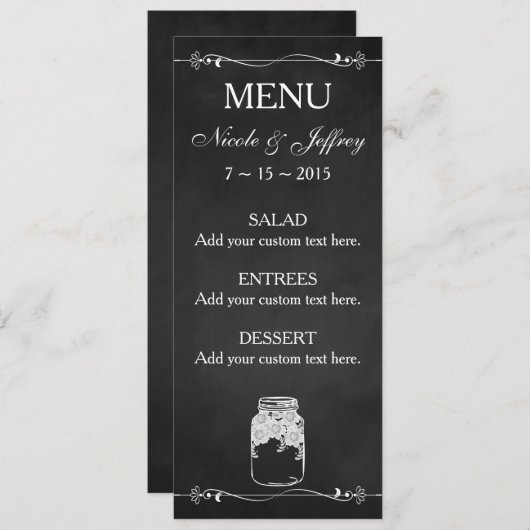 素朴な黒板のメーソンジャーのカスタムな結婚式メニュー メニュー (正面/裏面)
