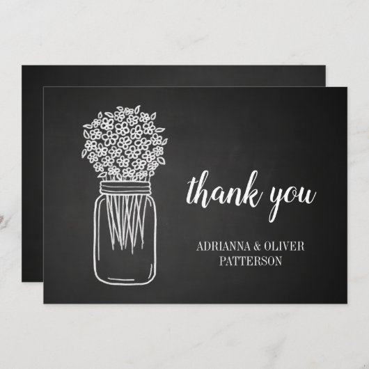 素朴な黒板のメーソンジャーの花は感謝していしています サンキューカード (正面/裏面)