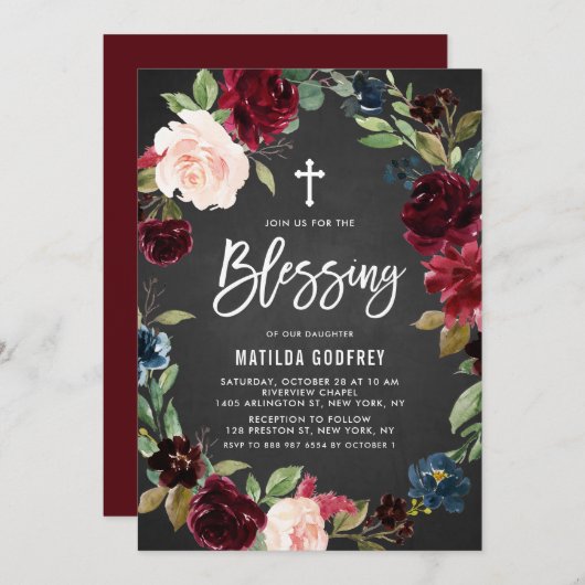 素朴な黒板 バーガンディ フラワー リース 祝福 招待状 (正面/裏面)