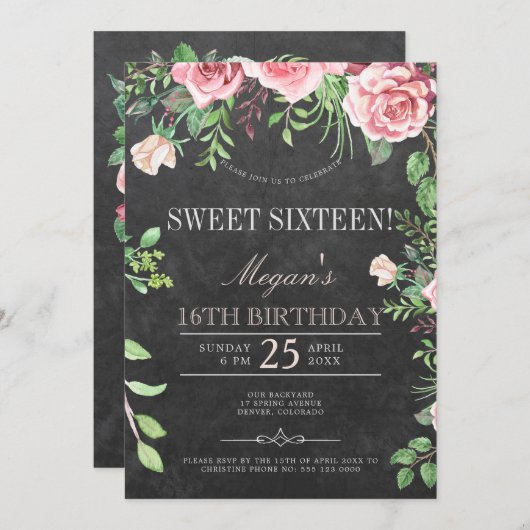 素朴な黒板 ピンクのバラ ガーデン スイート16 招待状 (正面/裏面)