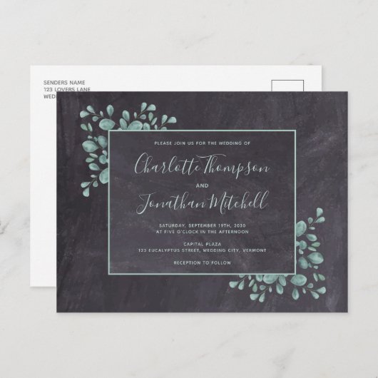 素朴な黒板 ユーカリの葉 緑の装飾 保存 インビテーションポストカード (正面/裏面)