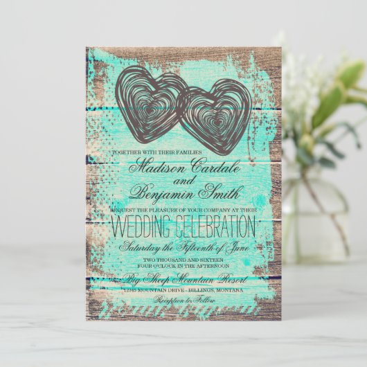 素朴な2ハートの納屋の木製の水の結婚式の招待 招待状 (スタンド正面)