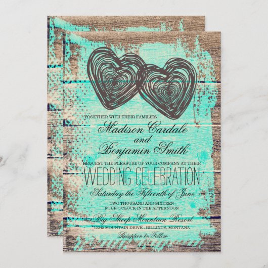 素朴な2ハートの納屋の木製の水の結婚式の招待 招待状 (正面/裏面)