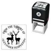 素朴な2匹の鹿の丸い形の「図書館から」本の名前 セルフインキングスタンプ (インサイチュ)