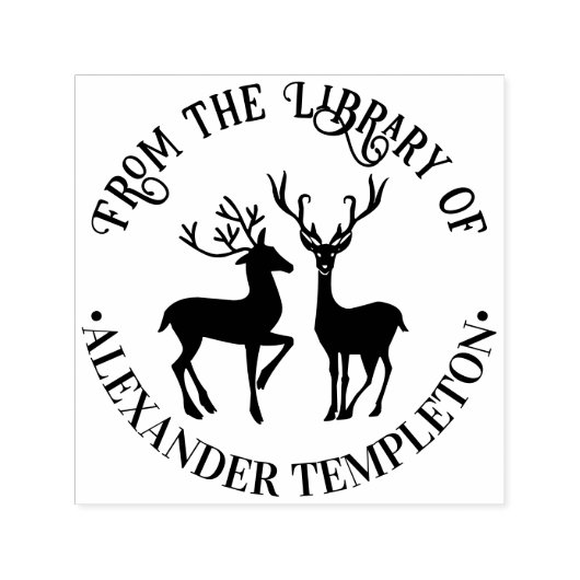 素朴な2匹の鹿の丸い形の「図書館から」本の名前 セルフインキングスタンプ (デザイン)