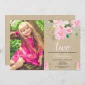 素朴な2歳の女の子の誕生日 ブッシュピンクの花のクラフト 招待状 (正面/裏面)