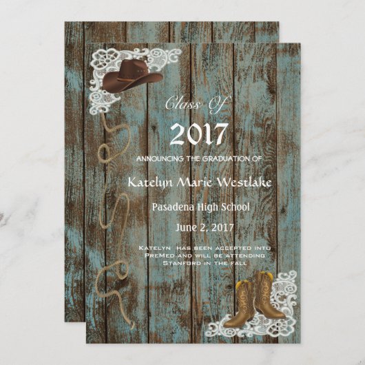 素朴な20XXブーツ及びレースの卒業の発表 案内状 (正面/裏面)