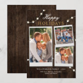 素朴な3つの家族の写真とフェアリーライトのクリスマス シーズンカード (正面/裏面)