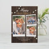 素朴な3つの家族の写真とフェアリーライトのクリスマス シーズンカード (スタンド正面)