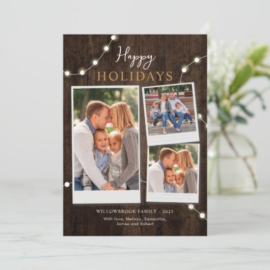 素朴な3枚の写真が木の質感のクリスマス シーズンカード (スタンド正面)