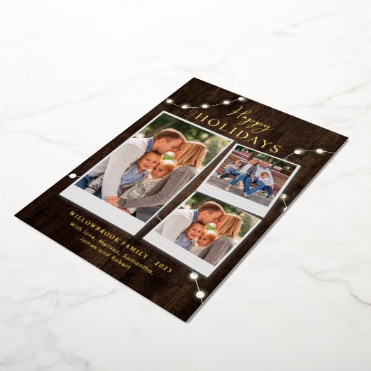 素朴な3枚の写真の組み合わせとフェアリーライト ゴールド 箔シーズンカード (回転した状態)