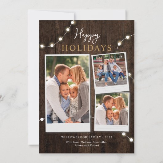 素朴な3枚の写真 木の質感のクリスマス シーズンカード (正面)