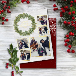 素朴な5枚の写真コラージュグリーンとゴールドのクリスマス 箔シーズンカード