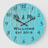 素朴な カスタマイズされた ティール色の木材 オーダーメイド ラージ壁時計 (正面)