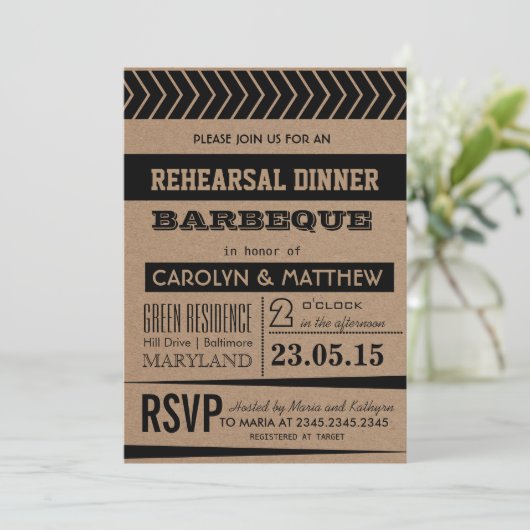素朴な|ヶ国のブラウンのリハーサルの夕食のバーベキュー 招待状 (スタンド正面)