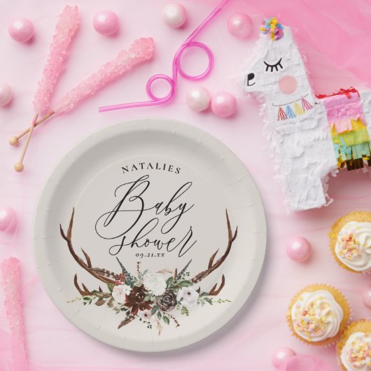 素朴な(雄ジカの)枝角の水彩画の花のベビーシャワーのパーティー ペーパープレート (パーティー)