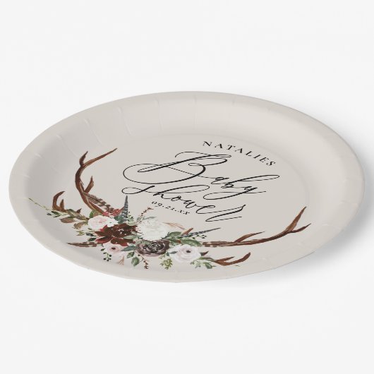 素朴な(雄ジカの)枝角の水彩画の花のベビーシャワーのパーティー ペーパープレート (アングル)