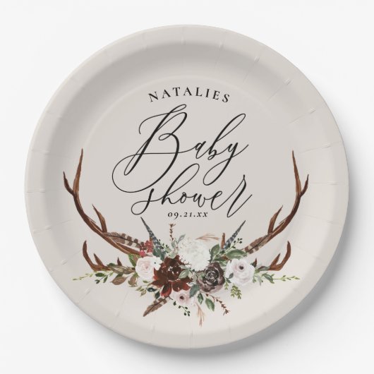 素朴な(雄ジカの)枝角の水彩画の花のベビーシャワーのパーティー ペーパープレート (正面)