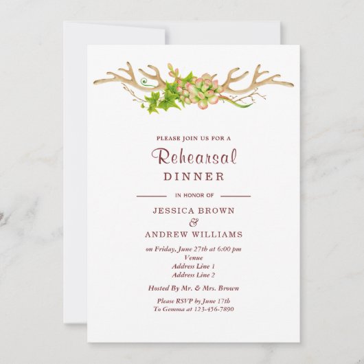 素朴な(雄ジカの)枝角及び野生の花のリハーサルの夕食 招待状 (正面)