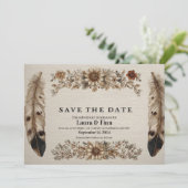 素朴な「Save the Date」カード　羽根と花のデザイン 招待状 (スタンド正面)