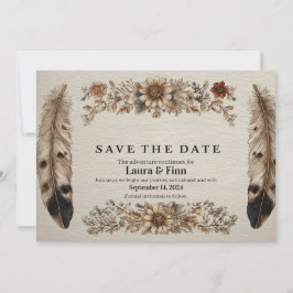 素朴な「Save the Date」カード 羽根と花のデザイン 招待状