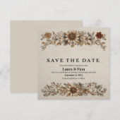素朴な「Save the Date」カード　羽根と花のデザイン 招待状 (正面/裏面)