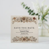 素朴な「Save the Date」カード　羽根と花のデザイン 招待状 (スタンド正面)