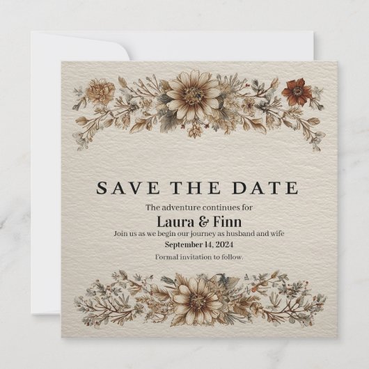 素朴な「Save the Date」カード 花と葉と羽毛 招待状 (正面)