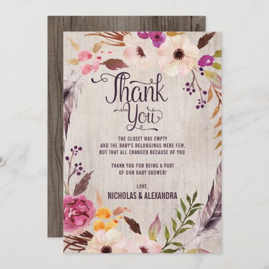 素朴なBohoの花のベビーシャワーはメッセージカード感謝していしています サンキューカード (正面/裏面)