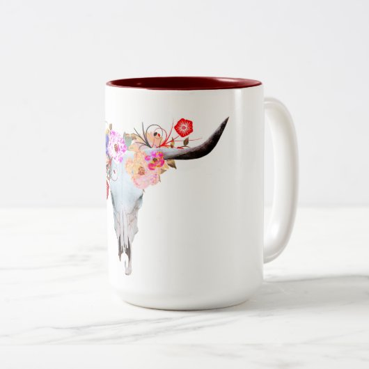 素朴なBohoの花の長角牛のスカル ツートーンマグカップ (正面右)