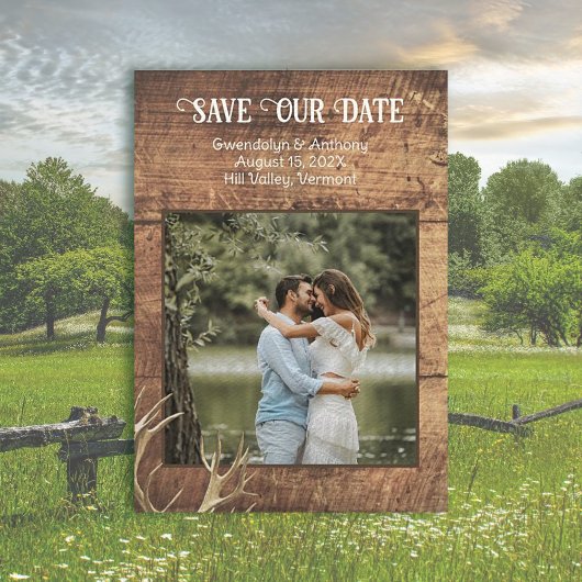 素朴なSave the Dates ウッド アントラー フォト テンプレート
