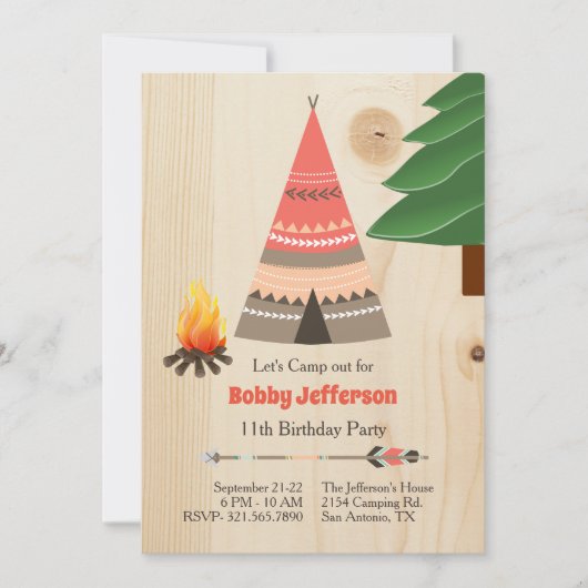 素朴なTipiはパーティの招待状誕生日のキャンプします 招待状 (正面)