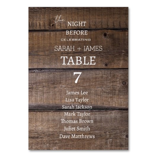 素朴の座席表の前の結婚夜を納屋 テーブルナンバー (裏面)