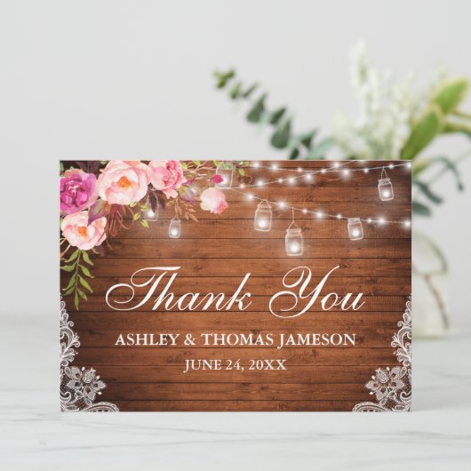 素朴の木結婚のピンクのフローラの瓶ライトレース サンキューカード (スタンド正面)