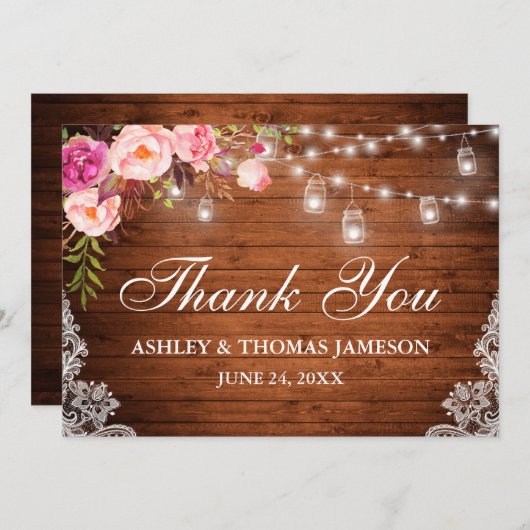 素朴の木結婚のピンクのフローラの瓶ライトレース サンキューカード (正面/裏面)
