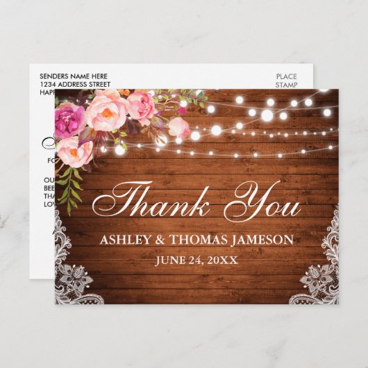 素朴の木結婚のピンクのフローラライトレース ポストカード (正面/裏面)