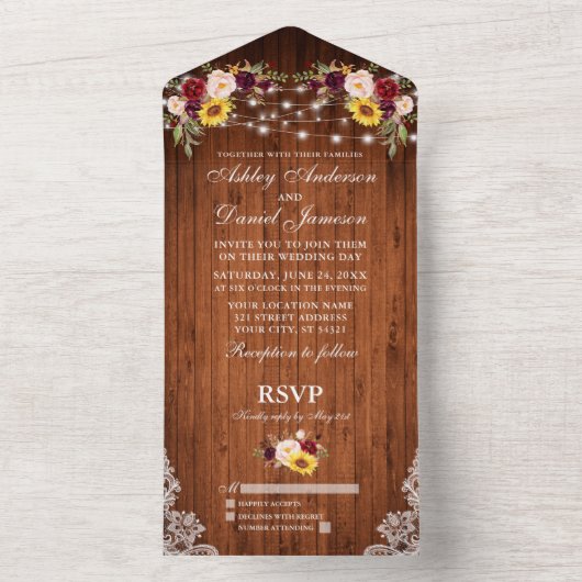 素朴の混結婚合フローラの木のレースのライトすべて オールインワン招待状 (内側)