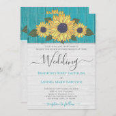 素朴の結婚ひまわり黄色ティール（緑がかった色）グレイ木材 招待状 (正面/裏面)