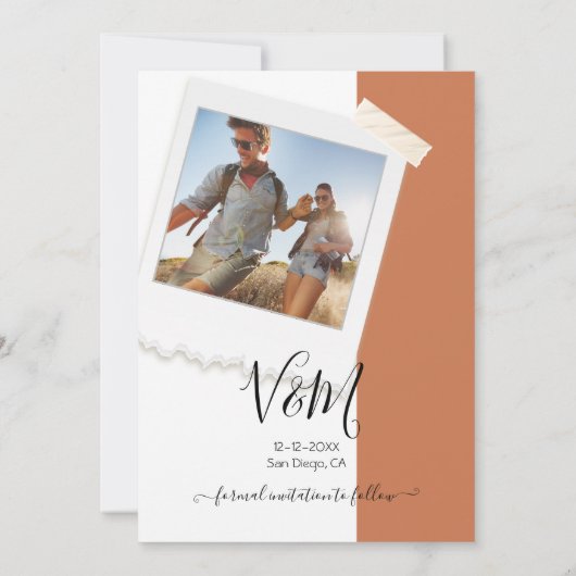 素朴の結婚アドベンチャー写真日付を保存 招待状 (裏面)