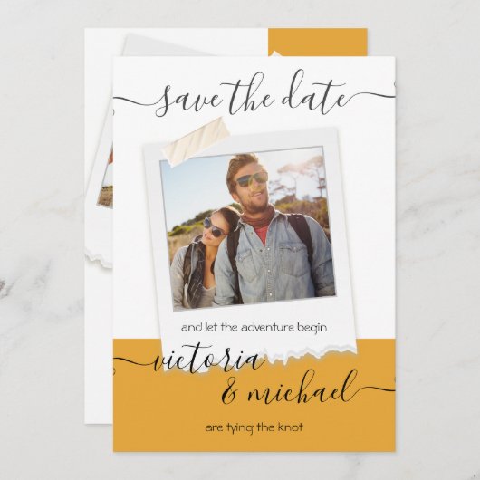 素朴の結婚アドベンチャー写真日付を保存 招待状 (正面/裏面)