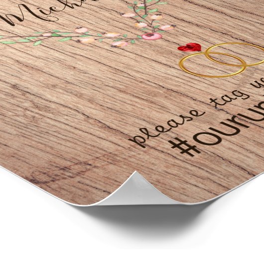 素朴の結婚ハッシュタグ記号 – 木材ハートフローラ ポスター (角)