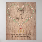 素朴の結婚ハッシュタグ記号 – 木材ハートフローラ ポスター (正面)